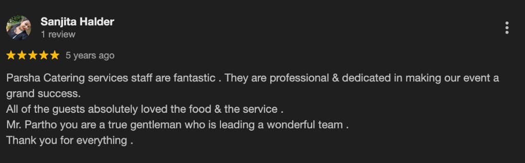 Google review screenshot for Parsha Caterer