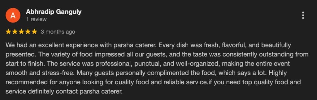 Google review screenshot for Parsha Caterer