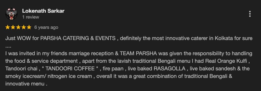 Google review screenshot for Parsha Caterer