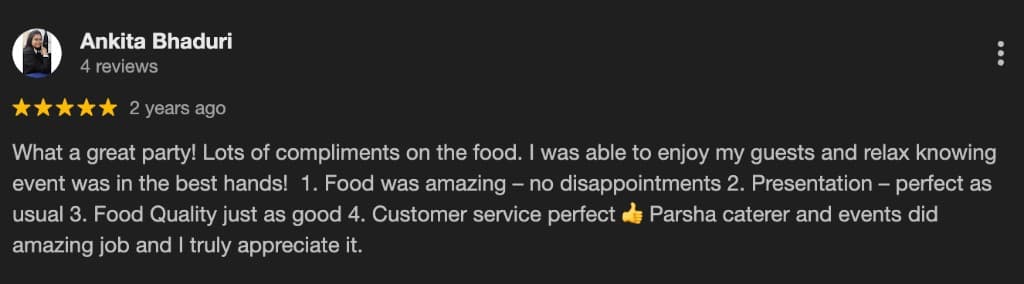 Google review screenshot for Parsha Caterer