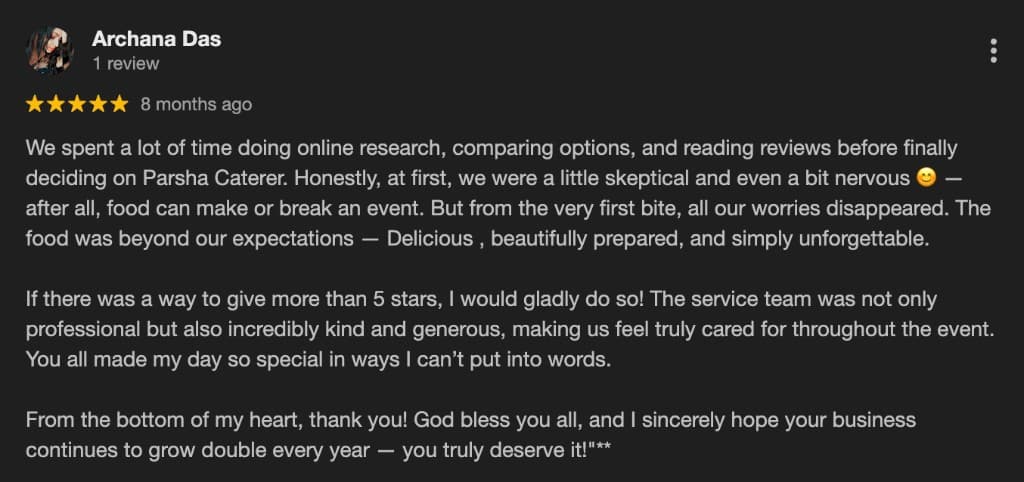 Google review screenshot for Parsha Caterer