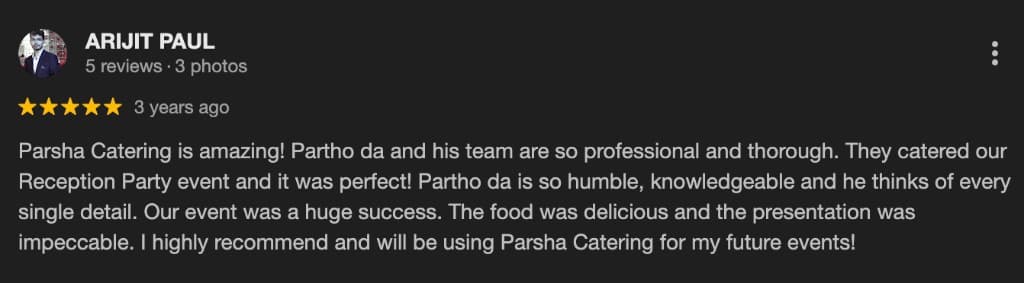 Google review screenshot for Parsha Caterer