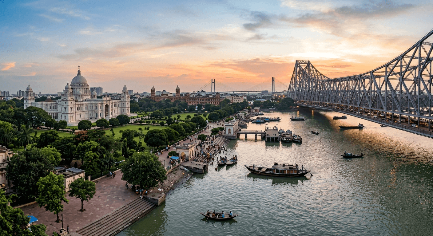 Victoria Memorial and Howrah Bridge along the Hooghly River at sunset in Kolkata